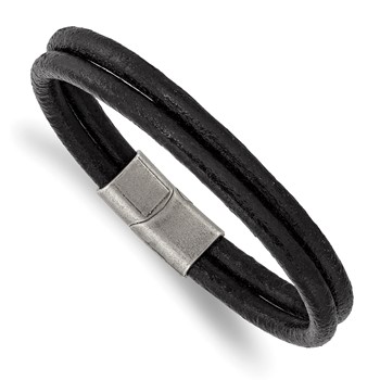 Chisel Stainless Steel Antiqued 2 Strand Black Leather 8.25 inch Bracelet