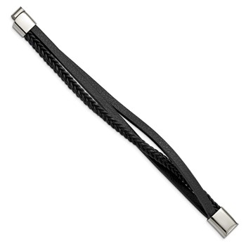 Chisel Stainless Steel Polished Multi Strand Black Leather 8.25 inch Bracelet — alternate view
