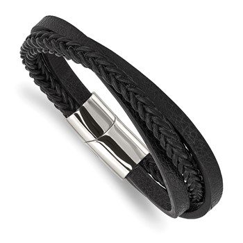 Chisel Stainless Steel Polished Multi Strand Black Leather 8.25 inch Bracelet