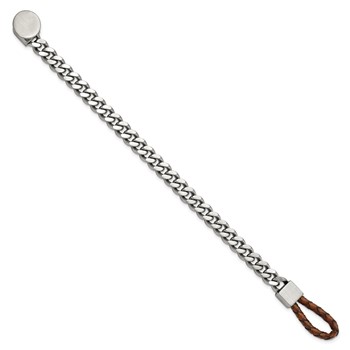 Chisel Stainless Steel Brushed and Polished Curb Chain with Brown Braided Leather Hook 8.25 inch Bracelet — alternate view