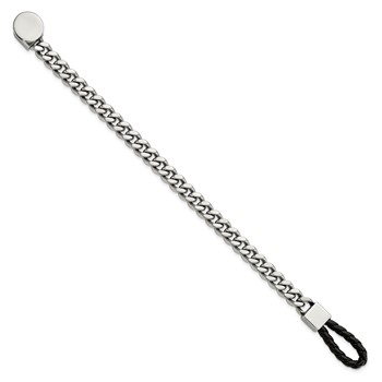 Chisel Stainless Steel Polished Curb Chain with Black Braided Leather Hook 8.25 inch Bracelet — alternate view