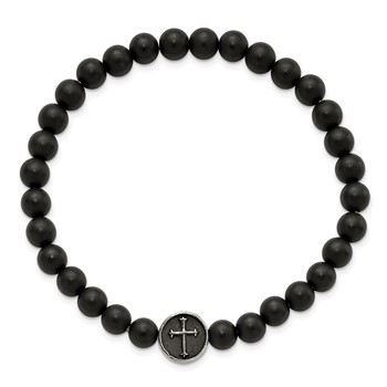 Chisel Stainless Steel Antiqued and Polished Cross 7mm Black Agate Beaded Stretch Bracelet — alternate view