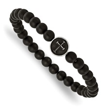 Chisel Stainless Steel Antiqued and Polished Cross 7mm Black Agate Beaded Stretch Bracelet Chisel Stainless Steel Antiqued and Polished Cross 7mm Black Agate Beaded Stretch Bracelet