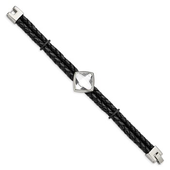 Stainless Steel Polished with Glass Stone Braided Leather 8in Bracelet — alternate view
