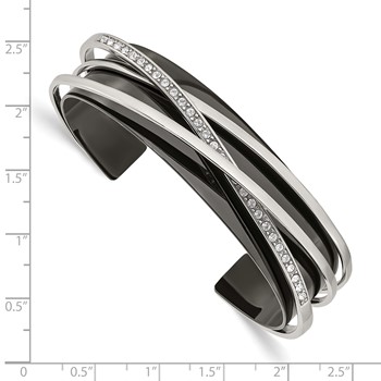 Chisel Stainless Steel Polished Black IP-plated with Crystals Layered Cuff Bangle — alternate view