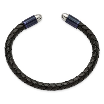 Chisel Stainless Steel Brushed and Polished Dark Grey IP-plated Black Leather Flexible Cuff Bangle — alternate view