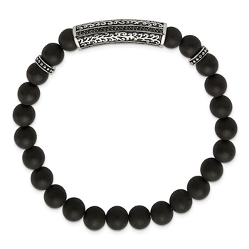 Chisel Stainless Steel Antiqued and Polished with Black CZ 8.5mm Agate Beaded Stretch Bracelet — alternate view