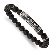 Image of Chisel Stainless Steel Antiqued and Polished with Black CZ 8.5mm Agate Beaded Stretch Bracelet