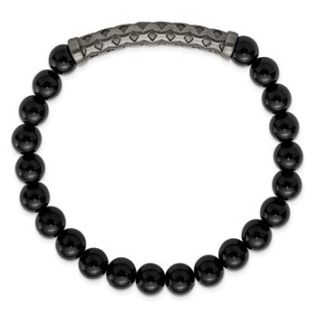 Chisel Stainless Steel Antiqued White Bronze-plated 8.5mm Black Agate 8.5mm Stretch Bracelet — alternate view