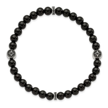 Chisel Stainless Steel Antiqued and Polished 6mm Black Agate Beaded Stretch Bracelet — alternate view