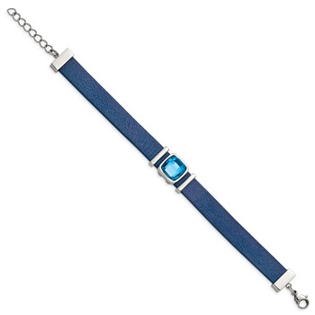 Stainless Steel Polished Blue Leather w/Crystal w/1.25in ext. 7in Bracelet — alternate view
