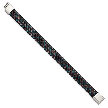 Chisel Stainless Steel Polished Braided Multi-color Wire and Black Leather 8.25 inch Bracelet — alternate view