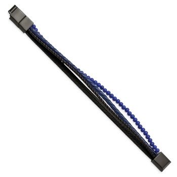 Chisel Stainless Steel Polished Black IP-plated Multi Strand Lapis Beaded Black and Blue Leather 8 inch Bracelet with .5 inch Extension — alternate view