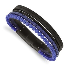 Image of Chisel Stainless Steel Polished Black IP-plated Multi Strand Lapis Beaded Black and Blue Leather 8 inch Bracelet with .5 inch Extension