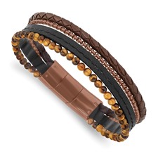 Image of Chisel Stainless Steel Polished Brown IP-plated Multi Strand Tiger's Eye Beaded Black and Brown Leather 8 inch Bracelet with .5 inch Extension