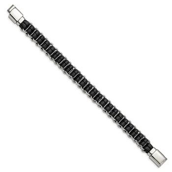 Chisel Stainless Steel Polished Black Leather 8.5 inch Bracelet — alternate view