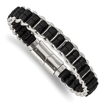 Chisel Stainless Steel Polished Black Leather 8.5 inch Bracelet