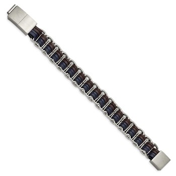 Stainless Steel Polished w/Blue and Brown Leather w/.5in ext 8in Bracelet — alternate view