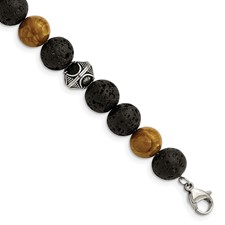 Image of Chisel Stainless Steel Antiqued and Polished 9.5-10mm Lava and Red Wood Stone Beads 7.25 inch Bracelet with 1 inch Extension