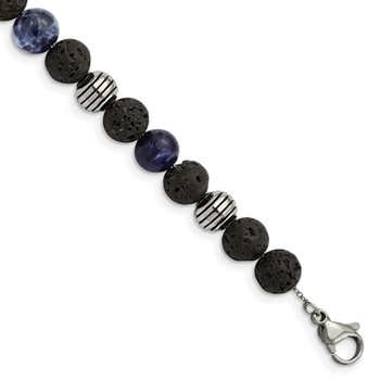 Chisel Stainless Steel Antiqued and Polished with Lava Stone and Sodalite Beads 7.5 inch Bracelet with 1 inch Extension