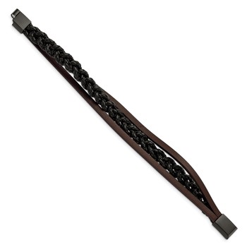 Chisel Stainless Steel Brushed Black IP-plated Multi Strand Black and Brown Leather 8.25 inch Bracelet — alternate view