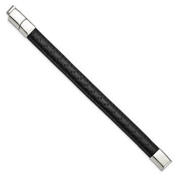 Stainless Steel Polished Black Leather 7.75in w/.5in ext Bracelet — alternate view
