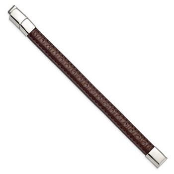 Stainless Steel Polished Brown Leather 7.75in w/.5in ext Bracelet — alternate view