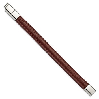 Stainless Steel Polished Brown Leather 7.75in w/.5in ext Bracelet — alternate view