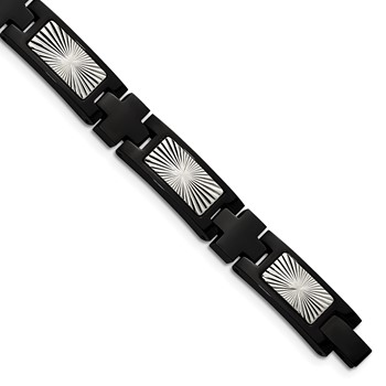 Chisel Stainless Steel Polished and Textured Starburst Design Black IP-plated 8.5 inch Link Bracelet