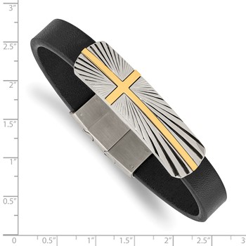 Chisel Stainless Steel Polished Yellow IP-plated Cross Black Leather 8 inch Bracelet with .5 inch Extension — alternate view