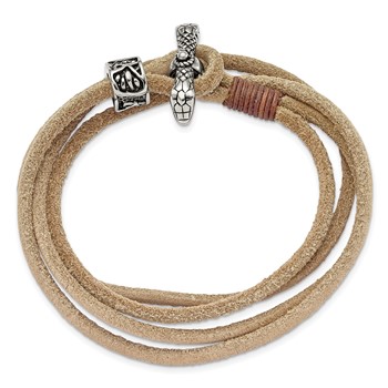 Chisel Stainless Steel Antiqued and Polished Snake Heads Tan Leather 16 inch Wrap Bracelet — alternate view