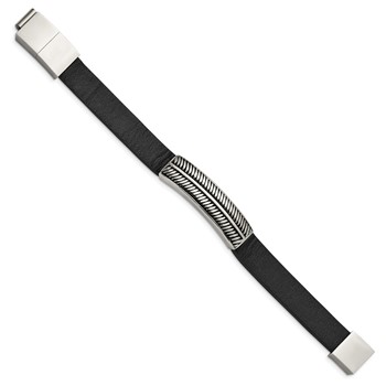 Chisel Stainless Steel Antiqued and Polished Black Leather 8 inch Bracelet with .5 inch Extension — alternate view