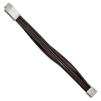 Chisel Stainless Steel Brushed Multi Strand Brown Braided Leather and Wire 8.25 inch Bracelet with .5 inch Extension — alternate view