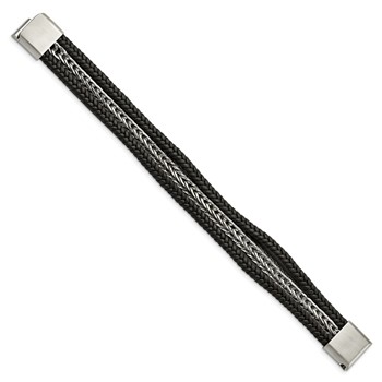 Chisel Stainless Steel Polished Multi Strand Black Leather 8.5 inch Bracelet — alternate view