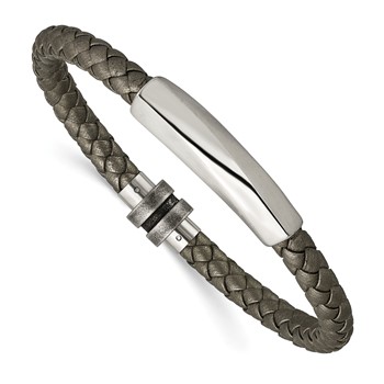 Chisel Stainless Steel Antiqued and Brushed Grey Leather 8.25 inch Bracelet