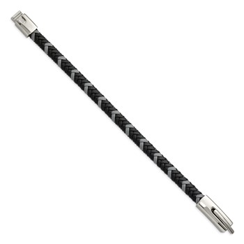 Chisel Stainless Steel Polished Black and Grey Braided Leather 8 inch Bracelet — alternate view