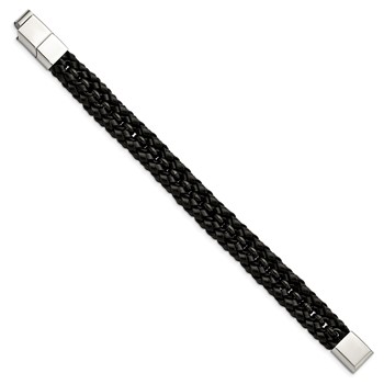 Chisel Stainless Steel Polished Black IP-plated Black Braided Leather 8 inch Bracelet with .5 inch Extension — alternate view