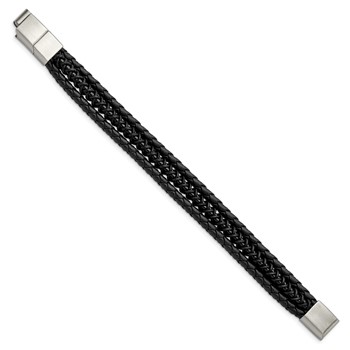 Chisel Stainless Steel Brushed and Polished Black IP-plated Multi Strand Black Leather 8 inch Bracelet with .5 inch Extension — alternate view