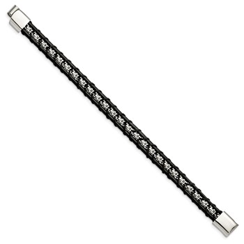 Chisel Stainless Steel Polished Flower Link Black Leather 8.25 inch Bracelet — alternate view