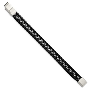 Chisel Stainless Steel Antiqued and Brushed Multi Strand Chain and Black Leather 8.25 inch Bracelet with .5 inch Extension — alternate view