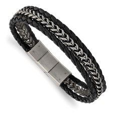 Chisel Stainless Steel Polished Black Leather with 0.5 inch Extension 7.75 inch Bracelet