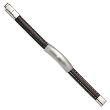 Chisel Stainless Steel Brushed Dark Brown Leather 8 inch ID Bracelet with .5 inch Extension — alternate view