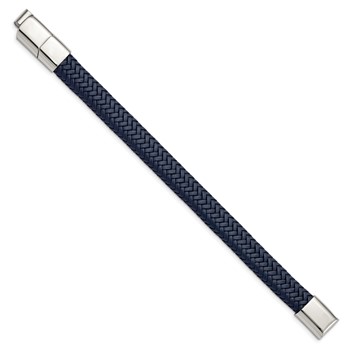 Chisel Stainless Steel Polished Navy Blue Braided Leather 7.75 inch Bracelet with .5 inch Extension — alternate view