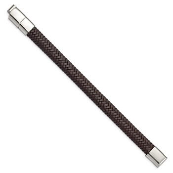 Chisel Stainless Steel Polished Dark Brown Braided Leather 8 inch Bracelet with .5 inch Extension — alternate view