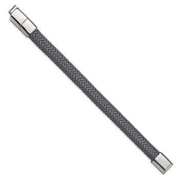 Chisel Stainless Steel Polished Grey Braided Leather 8 inch Bracelet with .5 inch Extension — alternate view
