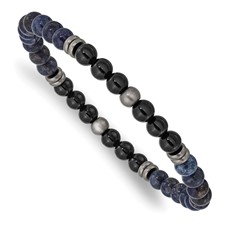 Chisel Stainless Steel Antiqued White Bronze-plated 6.5mm Lapis Beaded Stretch Bracelet