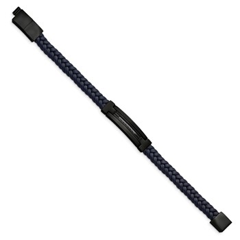 Chisel Stainless Steel Polished Black IP-plated Navy Blue Braided Leather 8 inch Bracelet with .5 inch Extension — alternate view