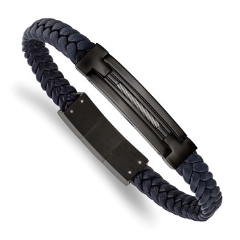 Chisel Stainless Steel Polished Black IP-plated Navy Blue Braided Leather 8 inch Bracelet with .5 inch Extension