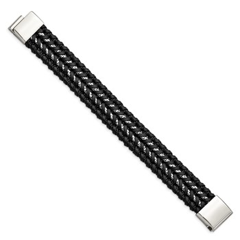 Chisel Stainless Steel Polished Black Woven Leather and Chain 8.5 inch Bracelet — alternate view