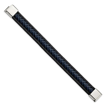 Chisel Stainless Steel Polished Black and Blue Braided Leather 8.25 inch Bracelet — alternate view